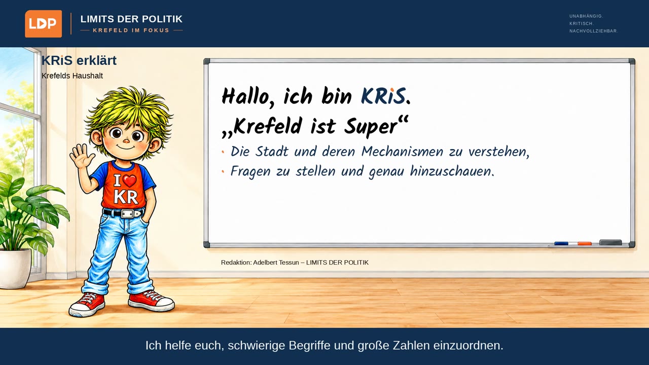 KRiS steht im Erklärraum neben einer beschrifteten Tafel.