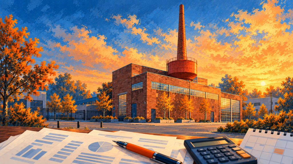 Kesselhaus mit hohem Kamin in Blau und Orange; davor Unterlagen, ein Taschenrechner und ein Kalender.
