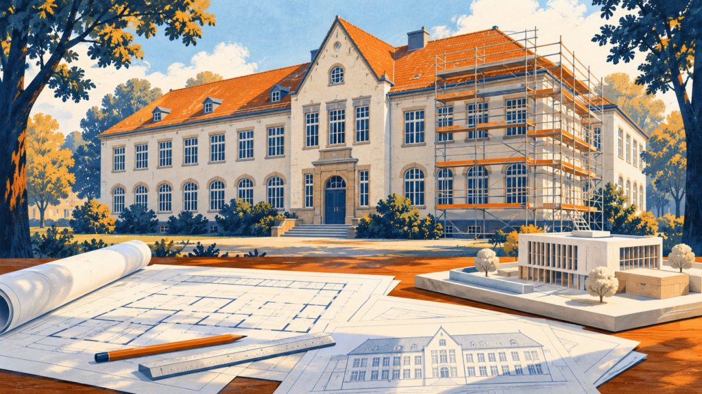 Illustration eines Schulgebäudes mit Baugerüst, Bauplänen und einem Gebäudemodell.